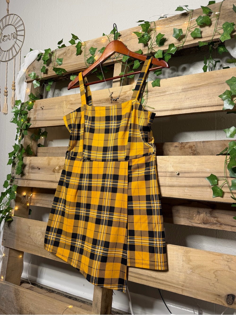 Yellow Plaid Square-Neck Mini Dress